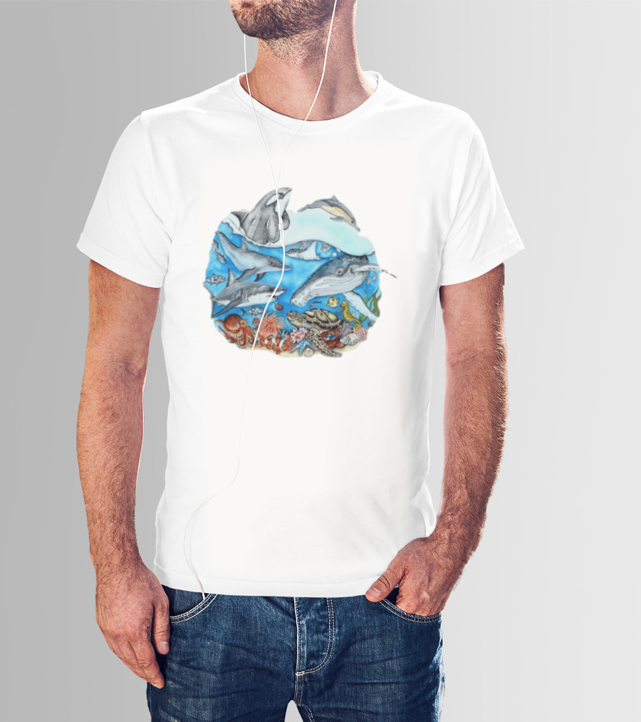 World Oceans Day Marine Life Dolphins Whales Turtles Octopus Coral Sea Animals Conservation T-Shirt