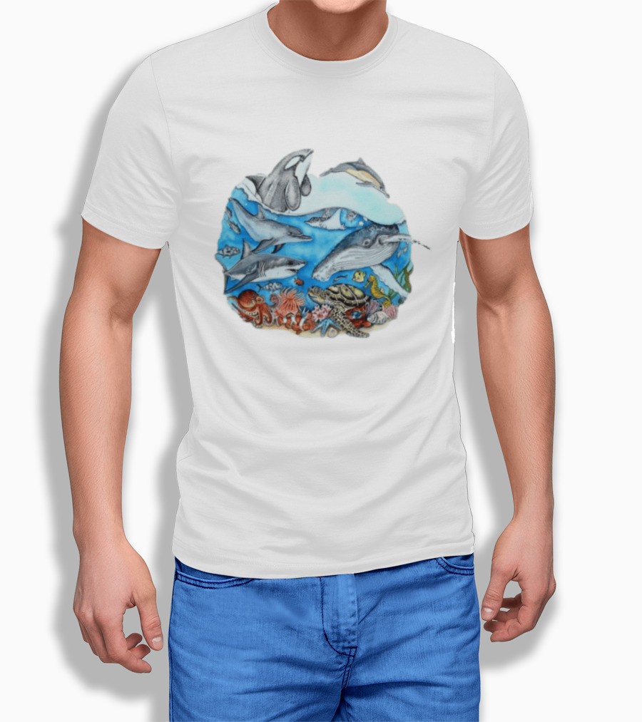 World Oceans Day Marine Life Dolphins Whales Turtles Octopus Coral Sea Animals Conservation T-Shirt