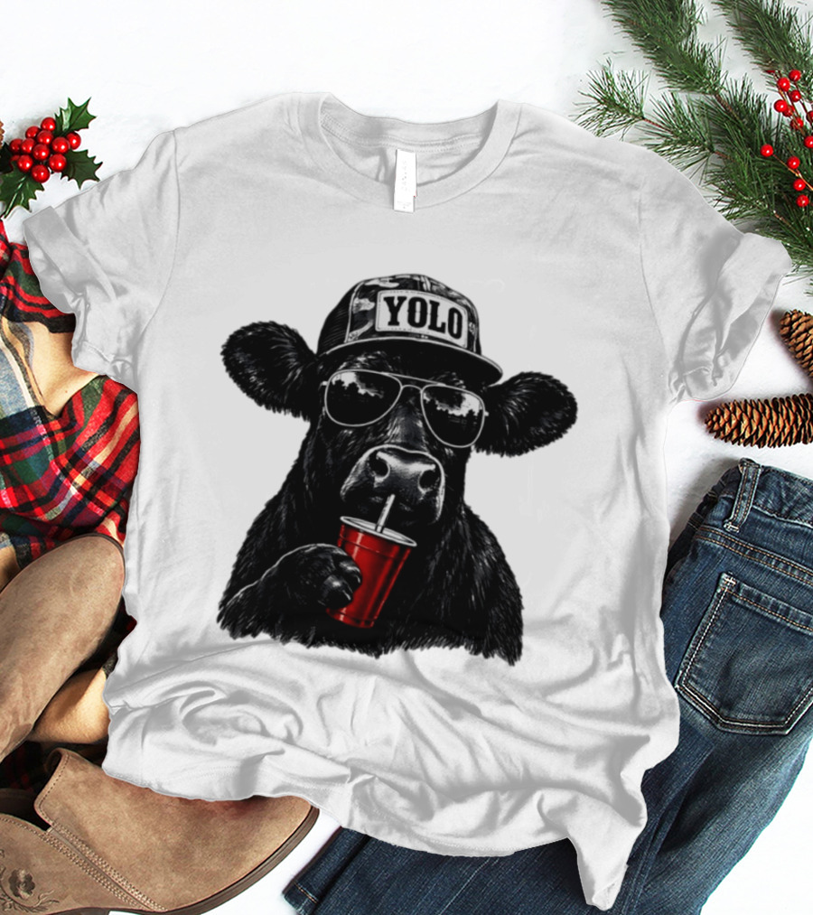 YOLO Angus Cattle With Sunglasses And Red Cup Western T-Shirt