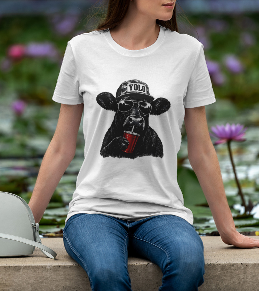 YOLO Angus Cattle With Sunglasses And Red Cup Western T-Shirt