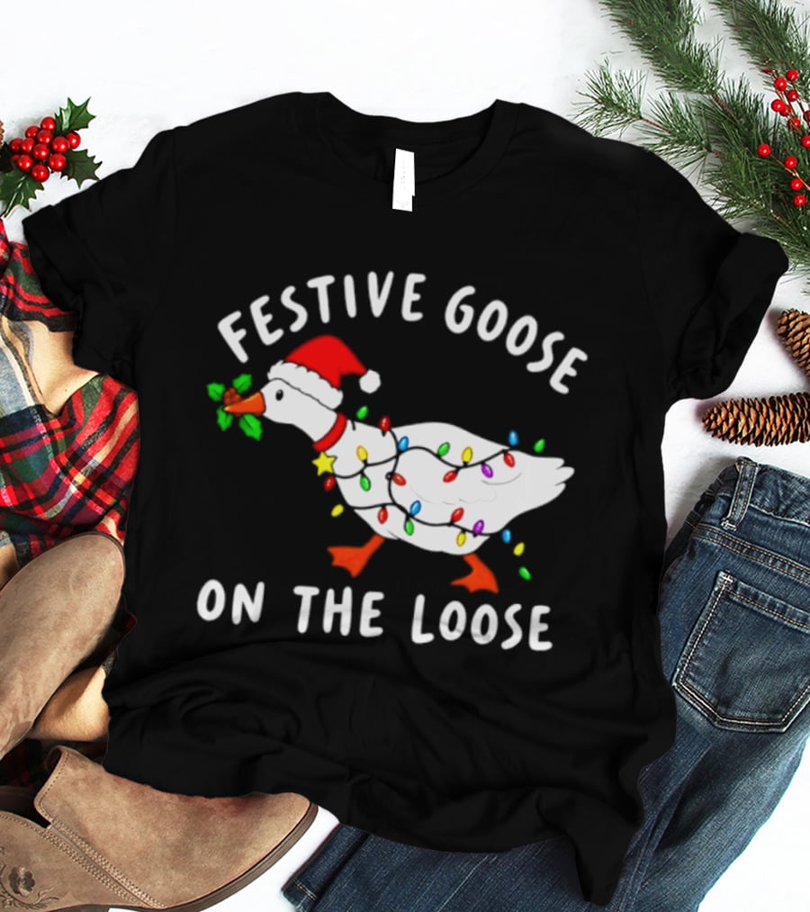 Festive Goose On The Loose With Christmas Lights And Santa Hat T-Shirt