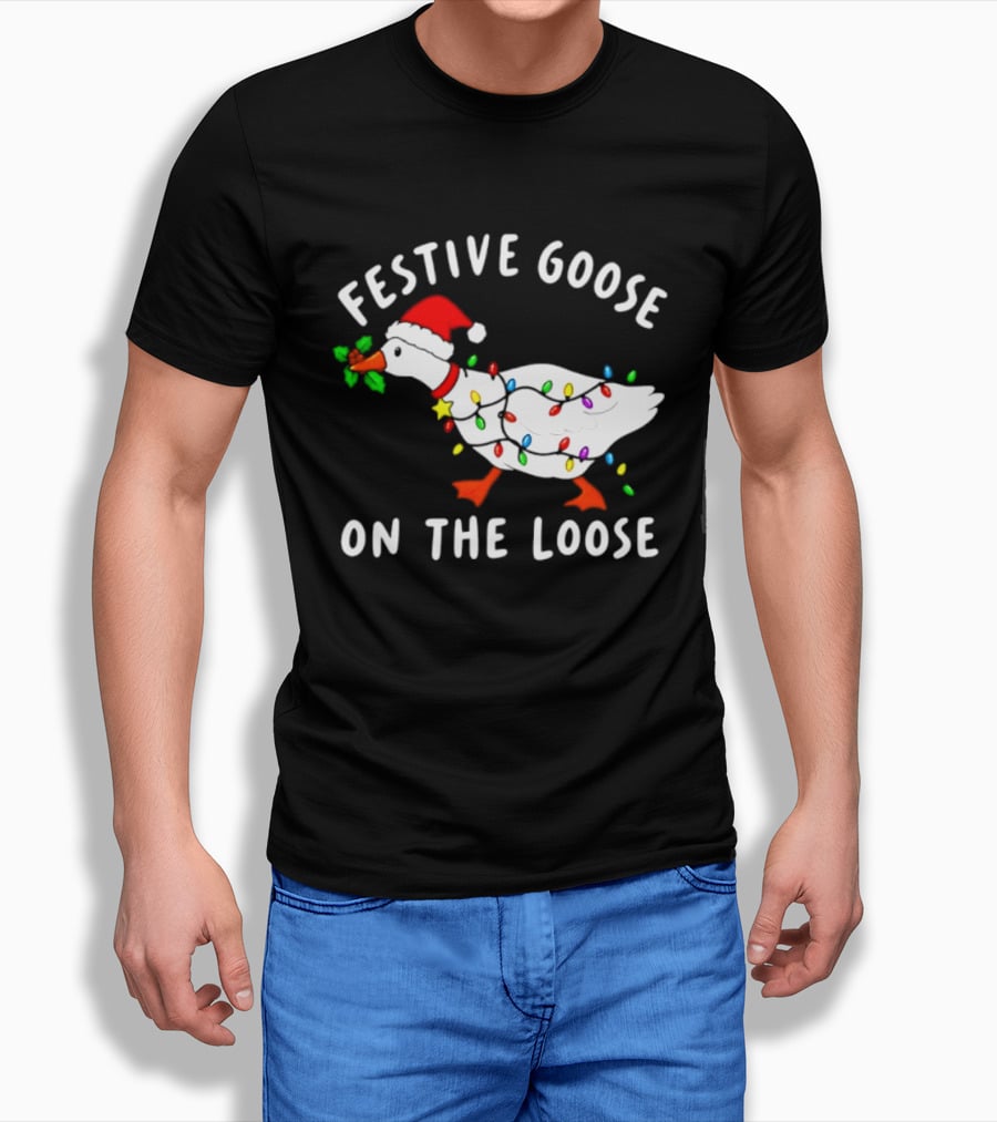Festive Goose On The Loose With Christmas Lights And Santa Hat T-Shirt
