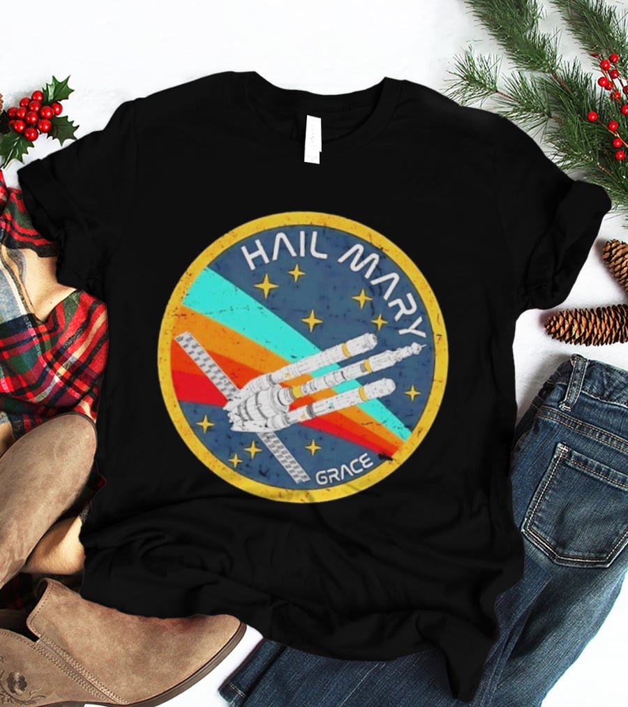 Hail Mary Grace Project Space Mission Emblem Retro Rocket T-Shirt