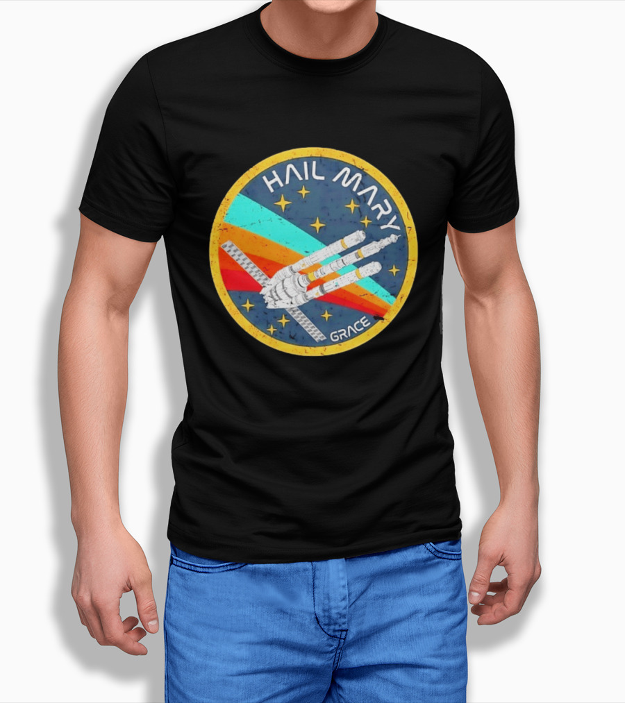 Hail Mary Grace Project Space Mission Emblem Retro Rocket T-Shirt