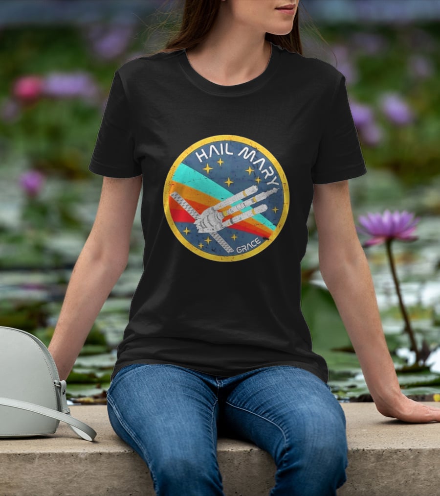 Hail Mary Grace Project Space Mission Emblem Retro Rocket T-Shirt