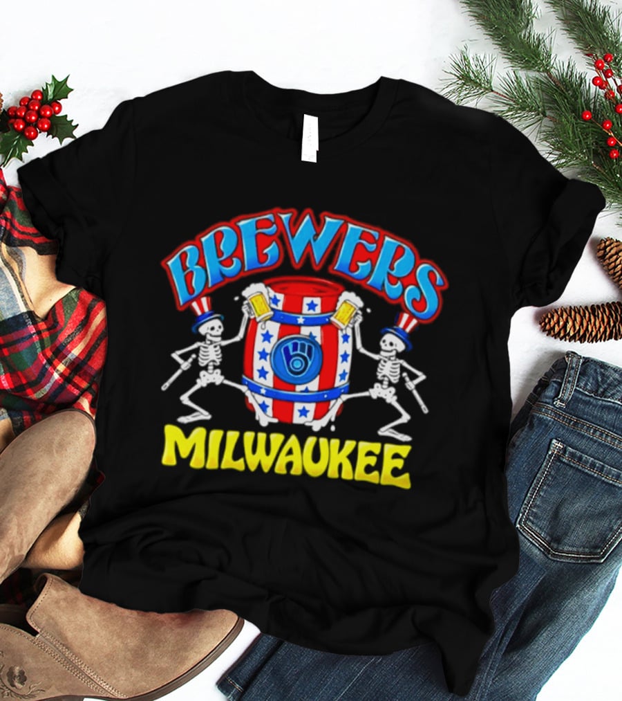 Brewers Milwaukee Skeleton Patriotic Barrel T-Shirt