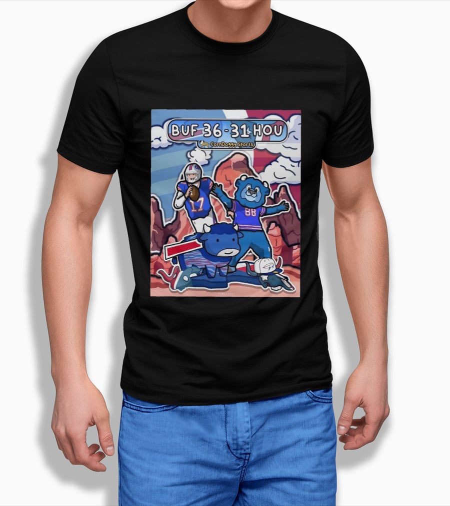 BUF 36 31 HOU CornDoggy Sports Doodle Buffalo Bills Houston Texans Game Day T-Shirt