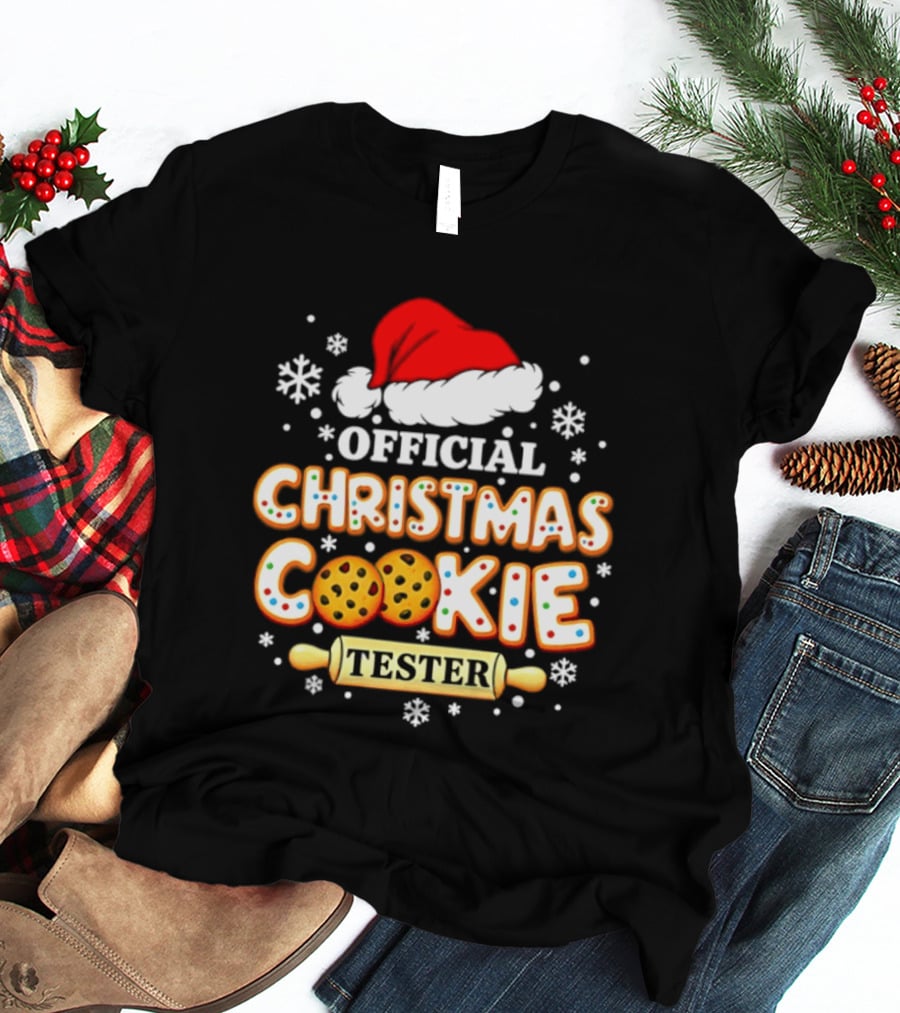 Official Christmas Cookie Tester Santa Hat Snowflakes T-Shirt
