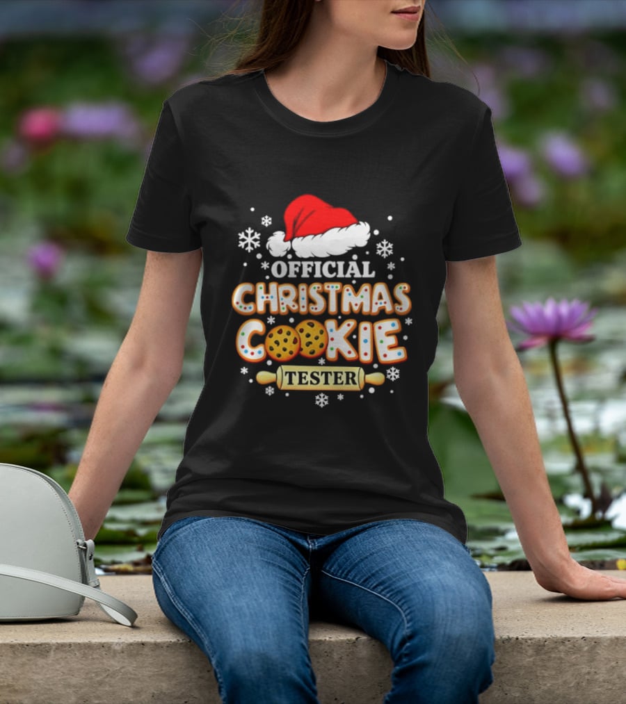 Official Christmas Cookie Tester Santa Hat Snowflakes T-Shirt