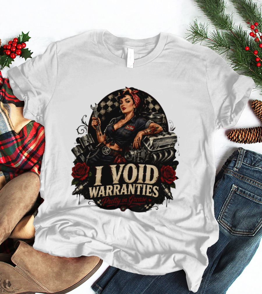 I Void Warranties Pretty In Grease Pin Up Girl Mechanic Troublemaker Engine Piston Rose Checkered T-Shirt