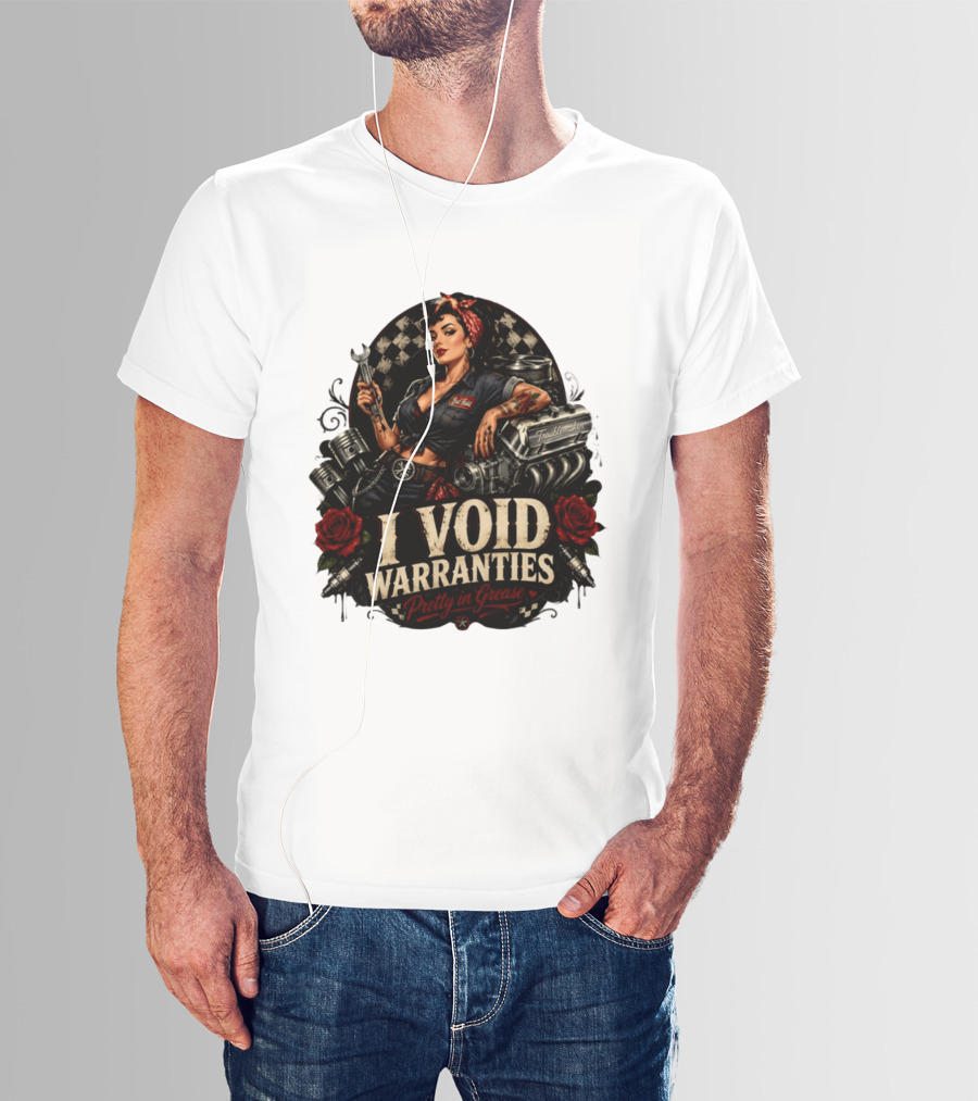 I Void Warranties Pretty In Grease Pin Up Girl Mechanic Troublemaker Engine Piston Rose Checkered T-Shirt