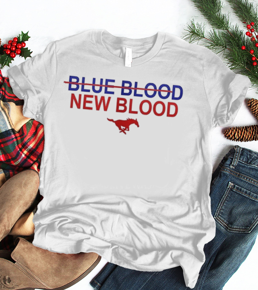 Ricky Shanklin Wearing SMU Mustangs Dallas 1911 No Blue Blood New Blood Two Sided T-Shirt