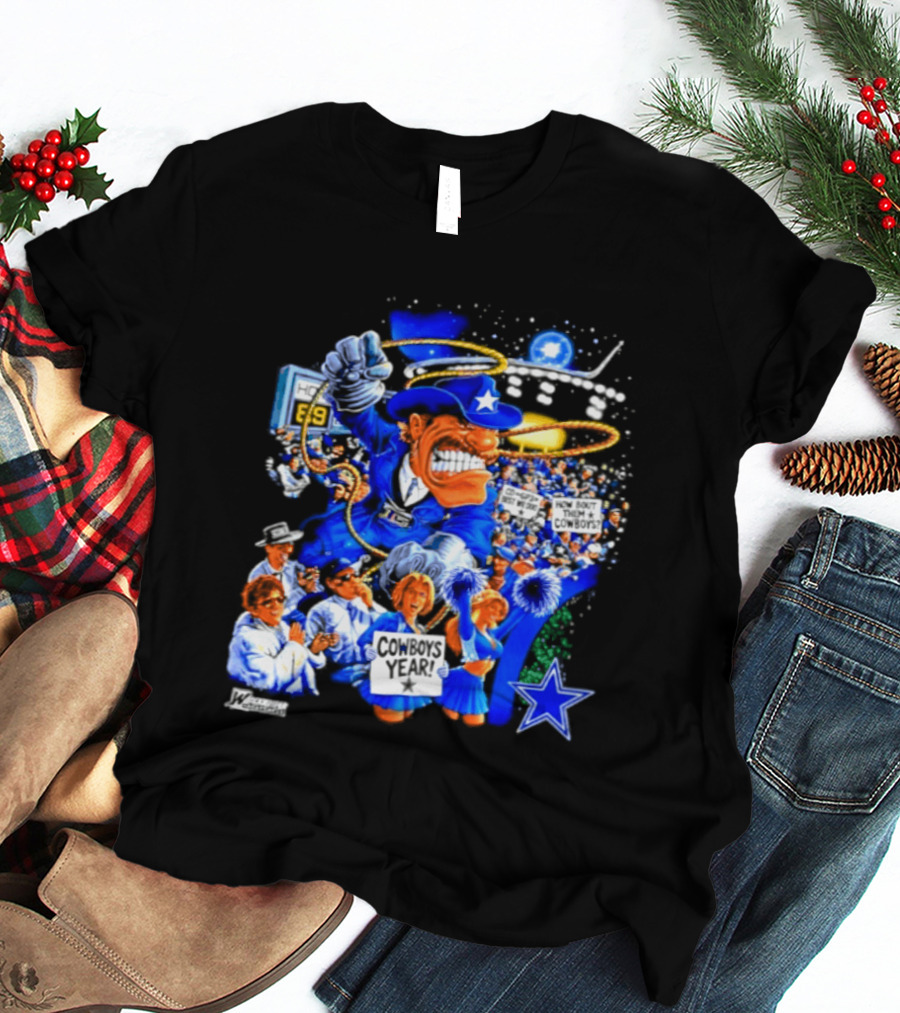 Dallas Cowboys Rowdy Mascot With Star And Cheerleaders Retro Cartoon T-Shirt