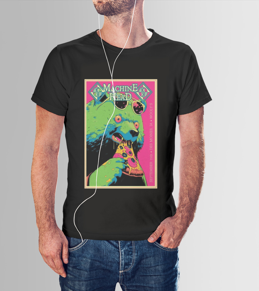 Machine Head Des Moines IA September 15 2026 Wooly's Bear Eating Pizza T-Shirt