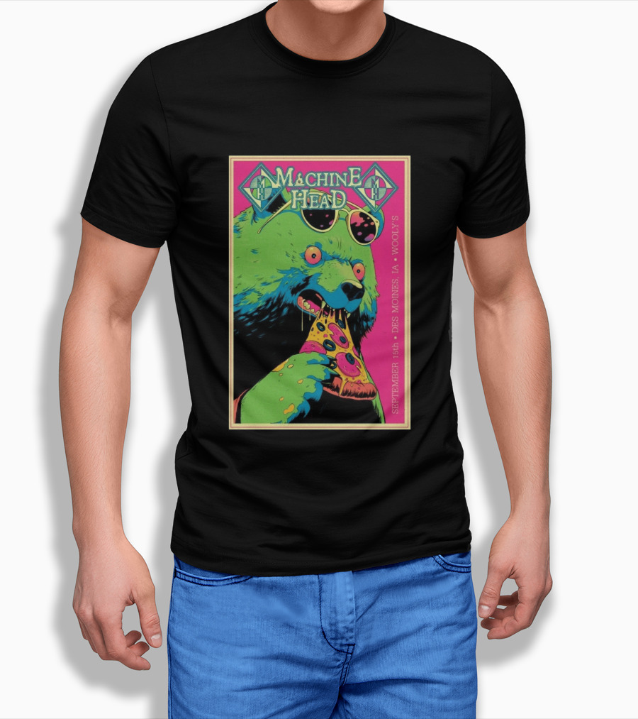 Machine Head Des Moines IA September 15 2026 Wooly's Bear Eating Pizza T-Shirt