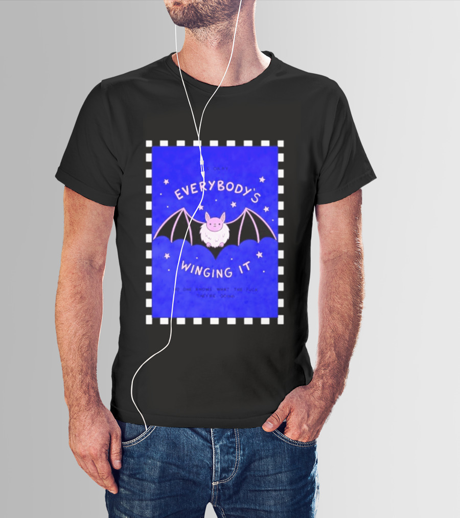 It's Okay Everybody's Winging It No One Knows What They're Doing Pink Bat With Stars T-Shirt