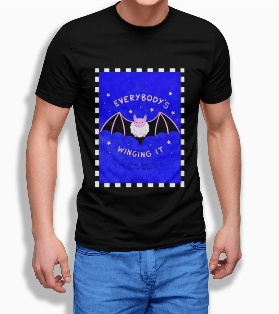 It's Okay Everybody's Winging It No One Knows What They're Doing Pink Bat With Stars T-Shirt