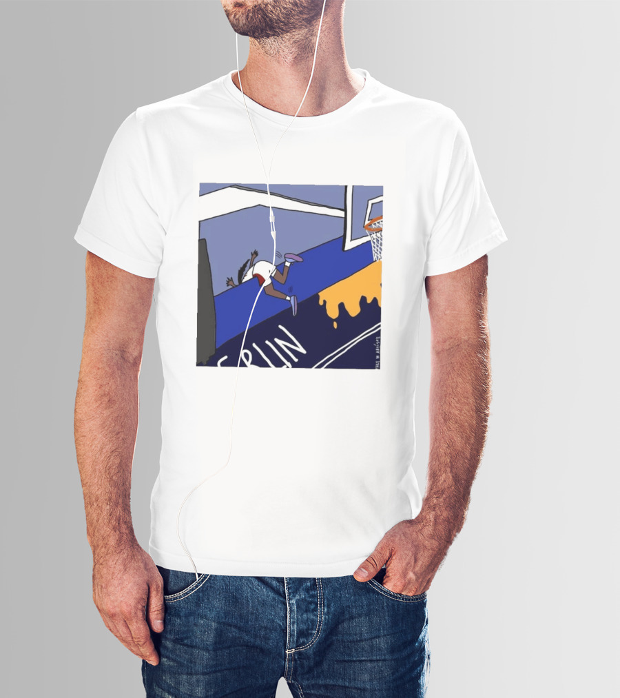 Basketball Player Diving Off Court Cartoon NBA Fan Art By Reuben Armstrong T-Shirt