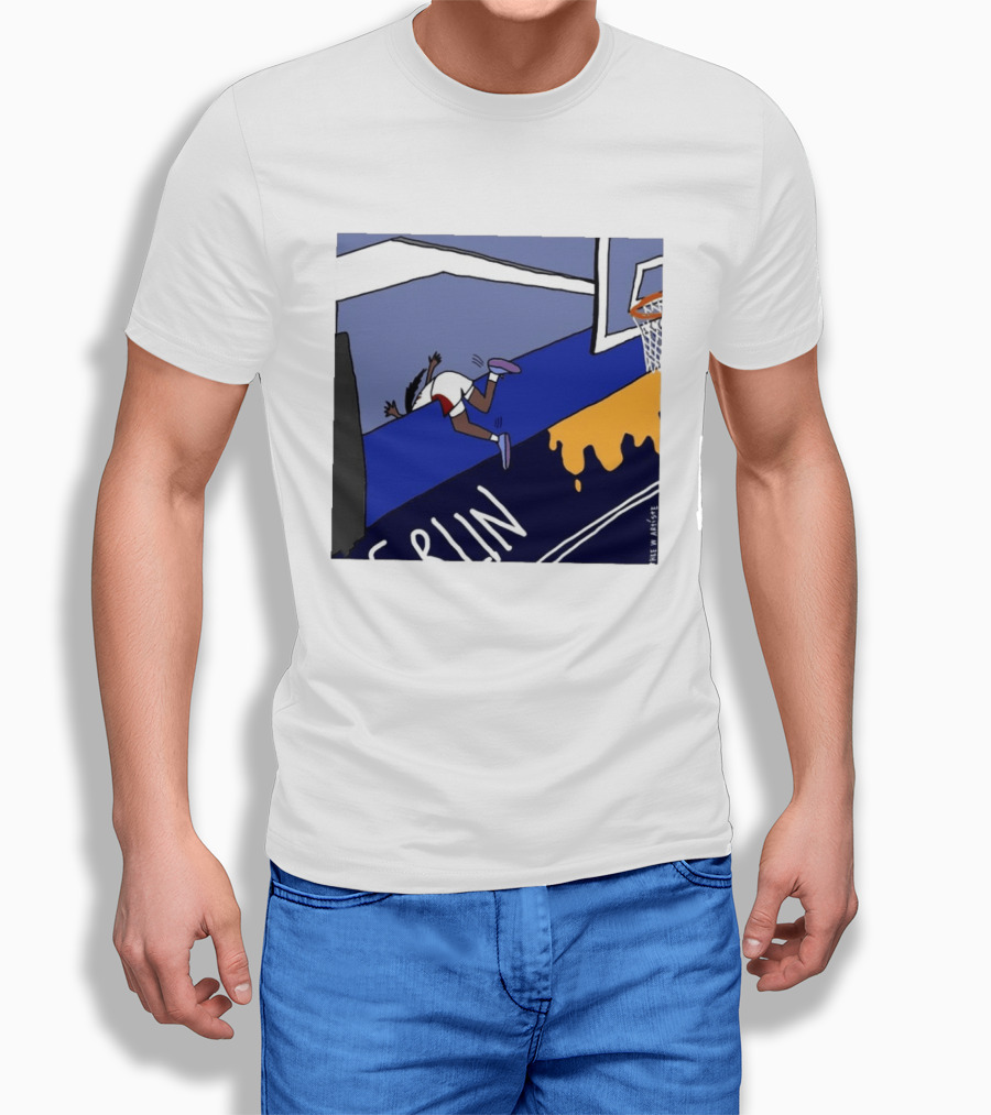 Basketball Player Diving Off Court Cartoon NBA Fan Art By Reuben Armstrong T-Shirt