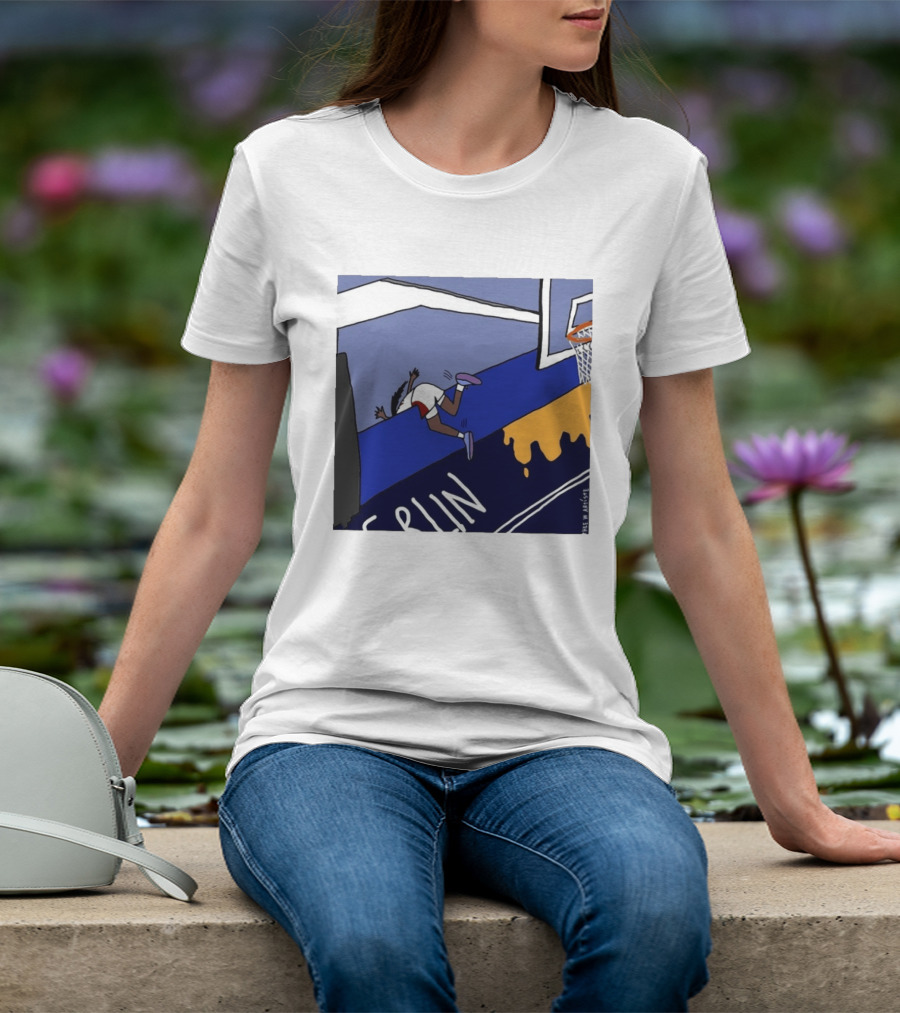 Basketball Player Diving Off Court Cartoon NBA Fan Art By Reuben Armstrong T-Shirt