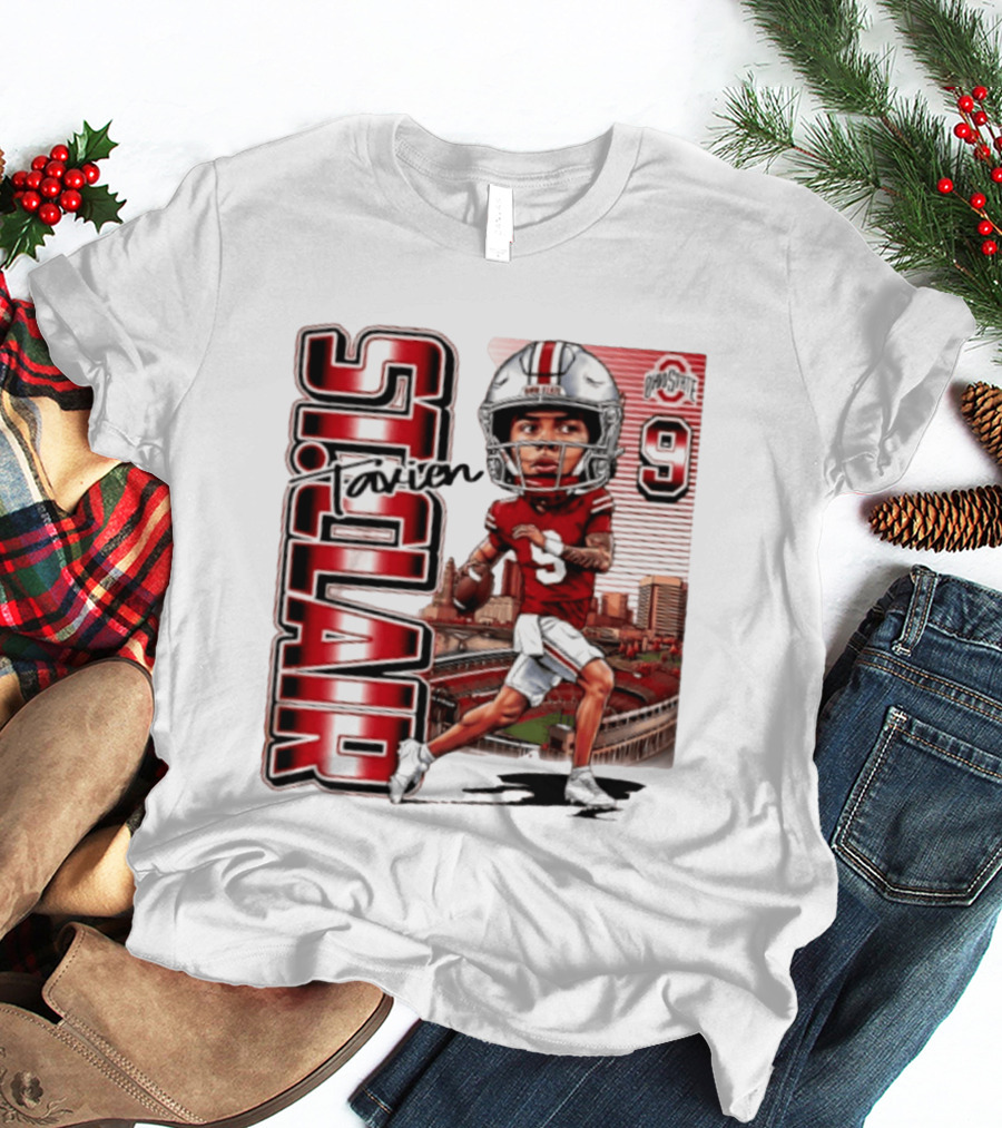 Tavien St. Clair 9 Ohio State Buckeyes Player Caricature With Ohio Stadium T-Shirt