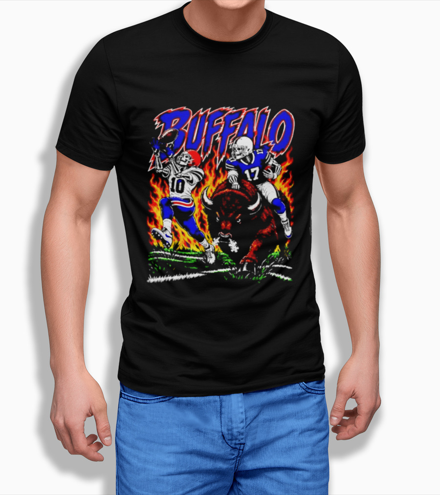Buffalo Bills Flaming Skeleton Football Players Number 10 And 17 T-Shirt