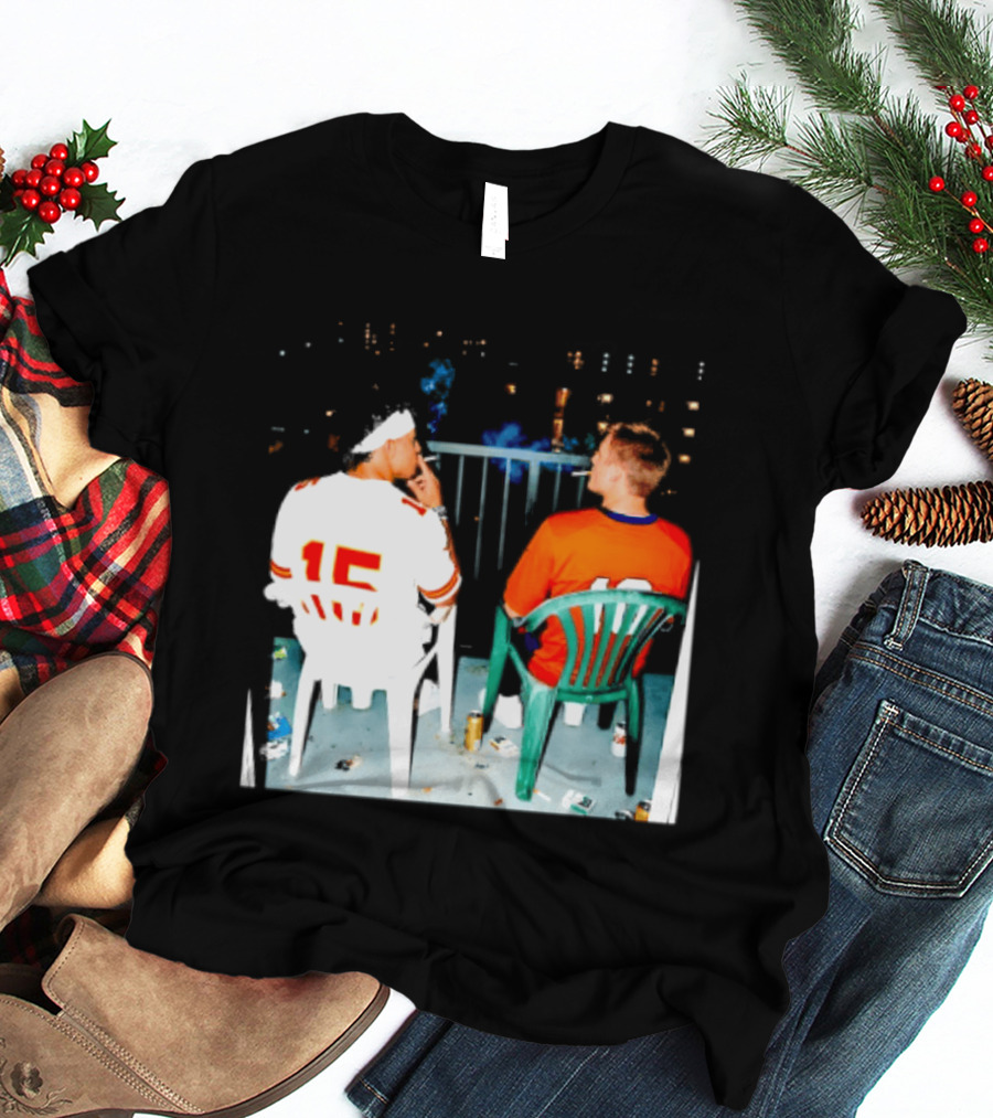 Patrick Mahomes Kansas City Chiefs And Bo Nix Denver Broncos Smoking Behind Skyline T-Shirt