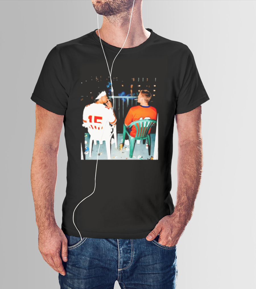 Patrick Mahomes Kansas City Chiefs And Bo Nix Denver Broncos Smoking Behind Skyline T-Shirt