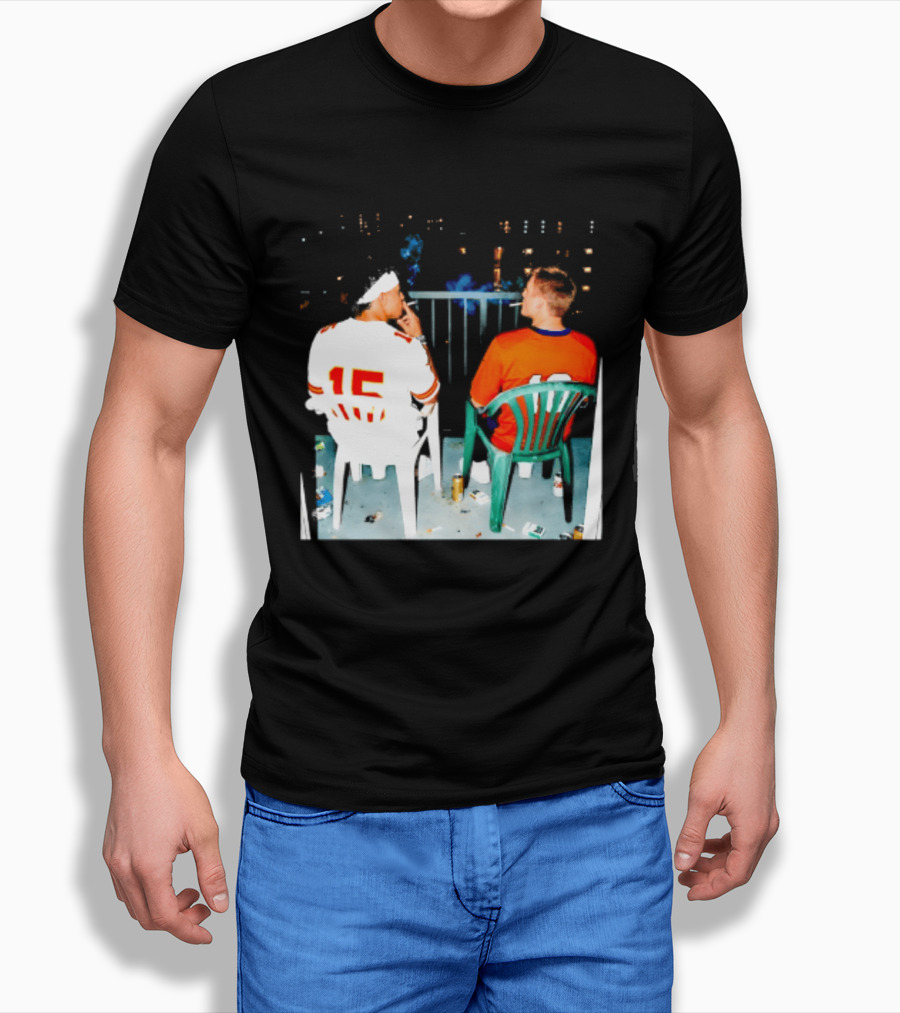 Patrick Mahomes Kansas City Chiefs And Bo Nix Denver Broncos Smoking Behind Skyline T-Shirt