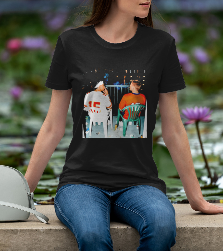 Patrick Mahomes Kansas City Chiefs And Bo Nix Denver Broncos Smoking Behind Skyline T-Shirt