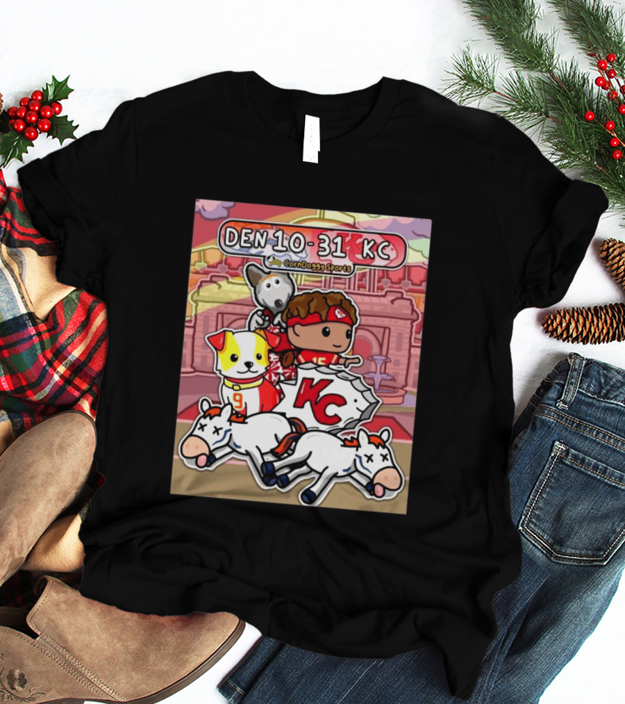 CornDoggy Sports DEN 10 31 KC Denver Broncos Vs Kansas City Chiefs Cartoon Characters And Dogs With Football T-Shirt
