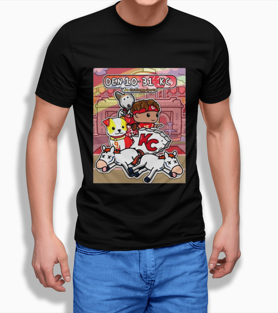 CornDoggy Sports DEN 10 31 KC Denver Broncos Vs Kansas City Chiefs Cartoon Characters And Dogs With Football T-Shirt