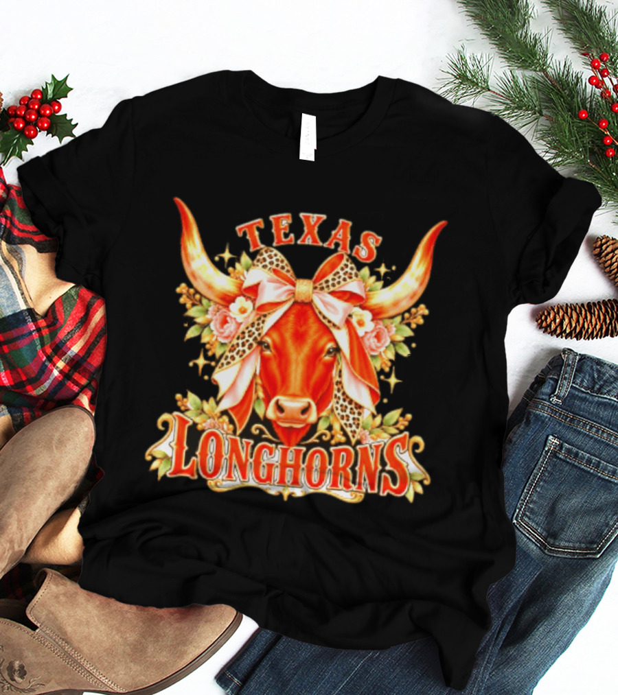 Texas Longhorns Floral Leopard Bow Cow T-Shirt