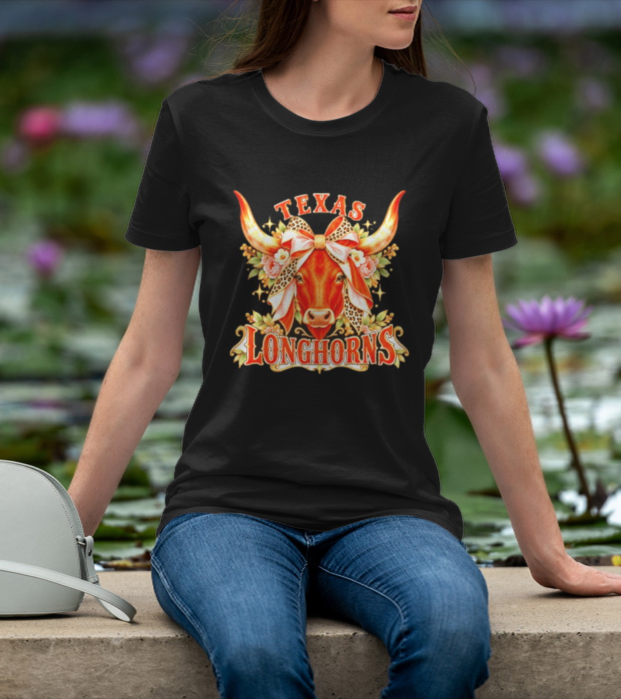 Texas Longhorns Floral Leopard Bow Cow T-Shirt