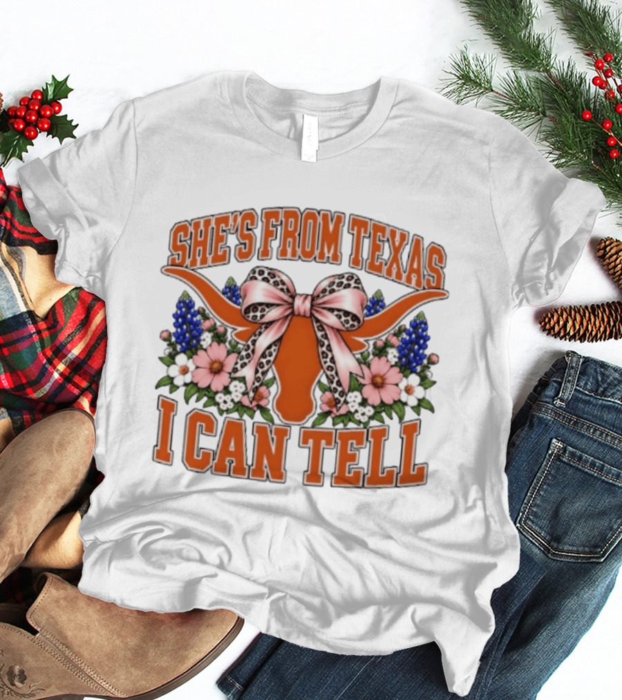 She's From Texas I Can Tell Longhorn Floral Bow T-Shirt