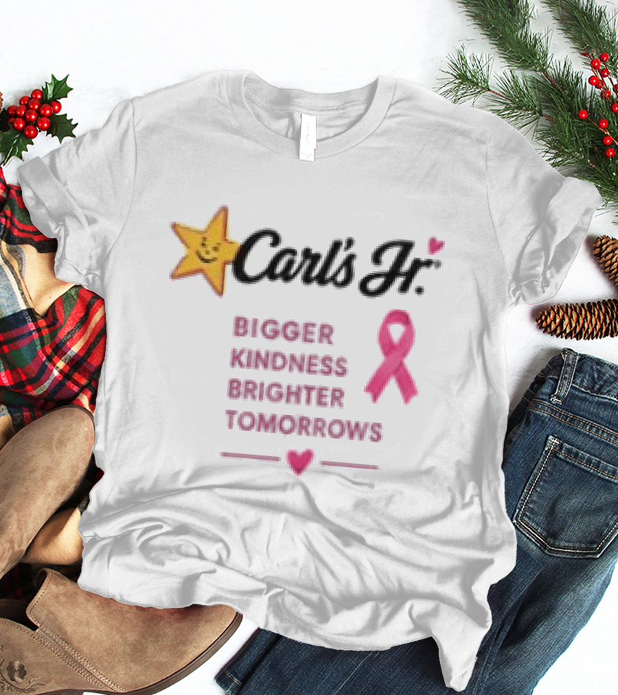 Carl's Jr Bigger Kindness Brighter Tomorrows Pink Ribbon Breast Cancer Awareness T-Shirt