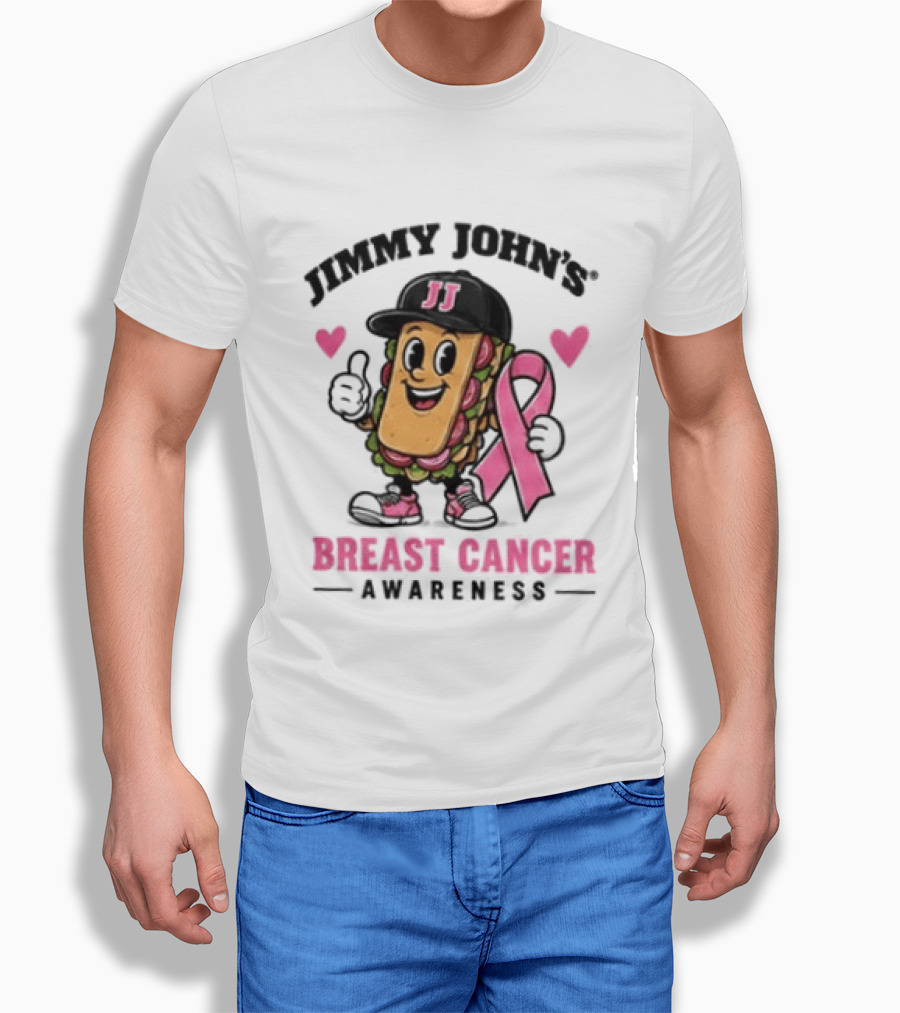 Jimmy John's Pink Ribbon Breast Cancer Awareness Sandwich JJ Hat Hearts T-Shirt