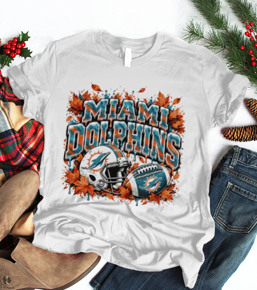 Miami Dolphins Football Helmet Autumn Leaves Halloween 2026 T-Shirt