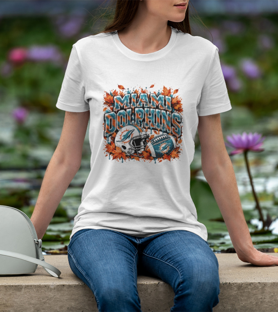 Miami Dolphins Football Helmet Autumn Leaves Halloween 2026 T-Shirt