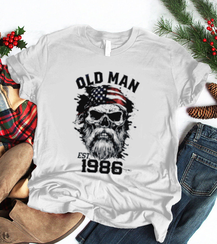 Old Man Est 1986 Skull American Flag Bandana T-Shirt