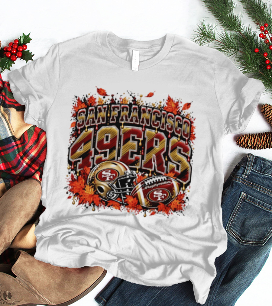 San Francisco 49ers Helmet And Football Autumn Leaves 2026 T-Shirt