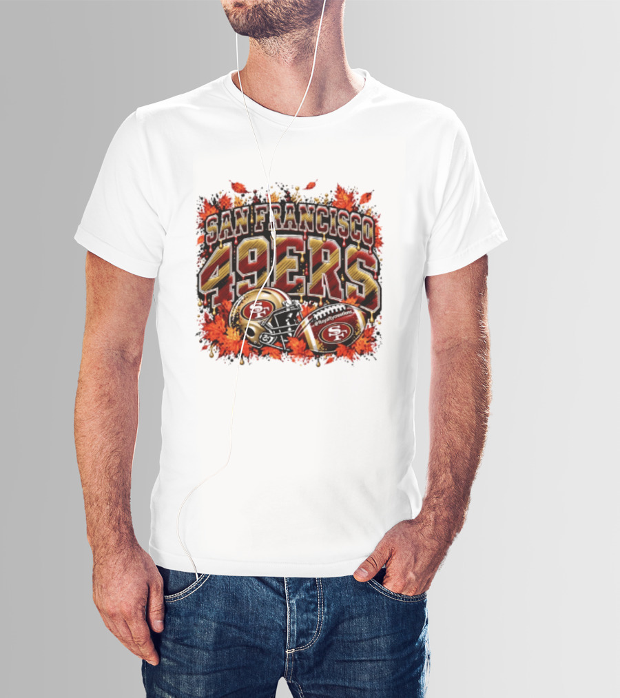 San Francisco 49ers Helmet And Football Autumn Leaves 2026 T-Shirt