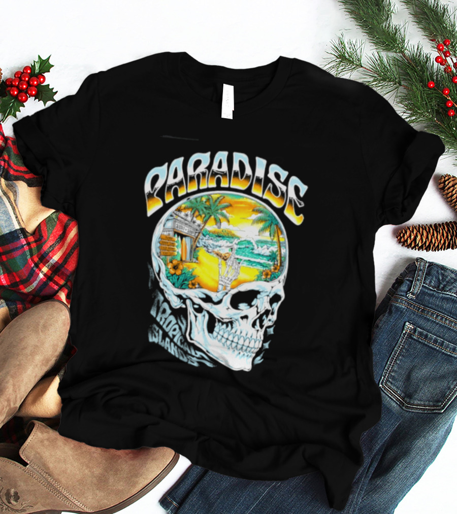 Paradise Tropical Island Skull Surf Shop Beach Scene T-Shirt