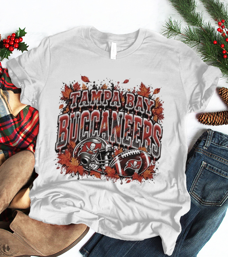 Tampa Bay Buccaneers Helmet And Football With Autumn Leaves Halloween 2026 T-Shirt