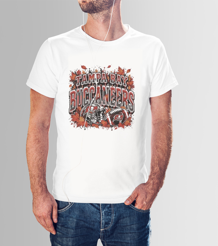 Tampa Bay Buccaneers Helmet And Football With Autumn Leaves Halloween 2026 T-Shirt
