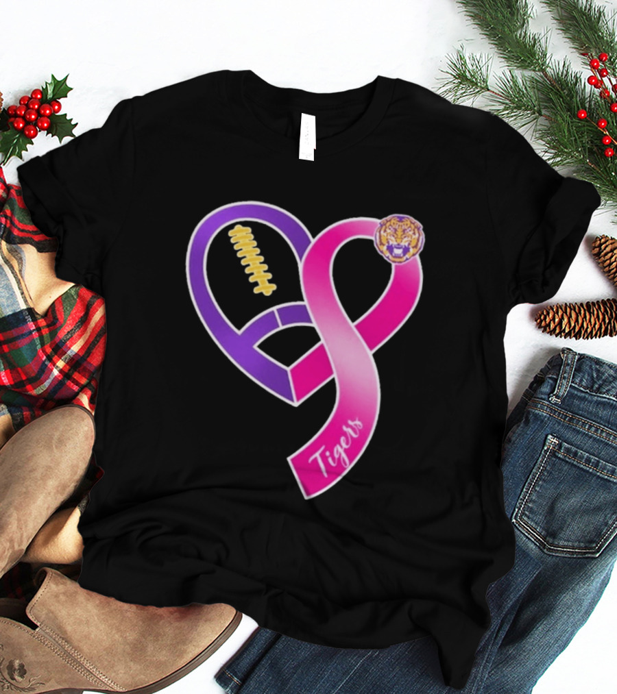 LSU Tigers Breast Cancer Awareness 2026 Heart Ribbon Football T-Shirt