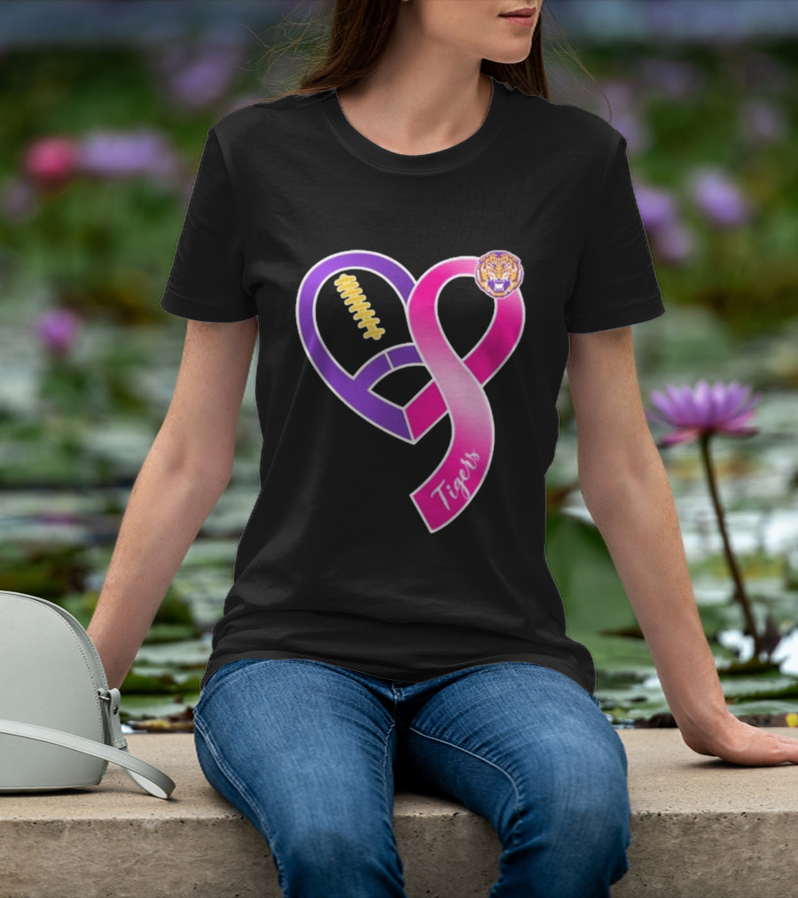 LSU Tigers Breast Cancer Awareness 2026 Heart Ribbon Football T-Shirt