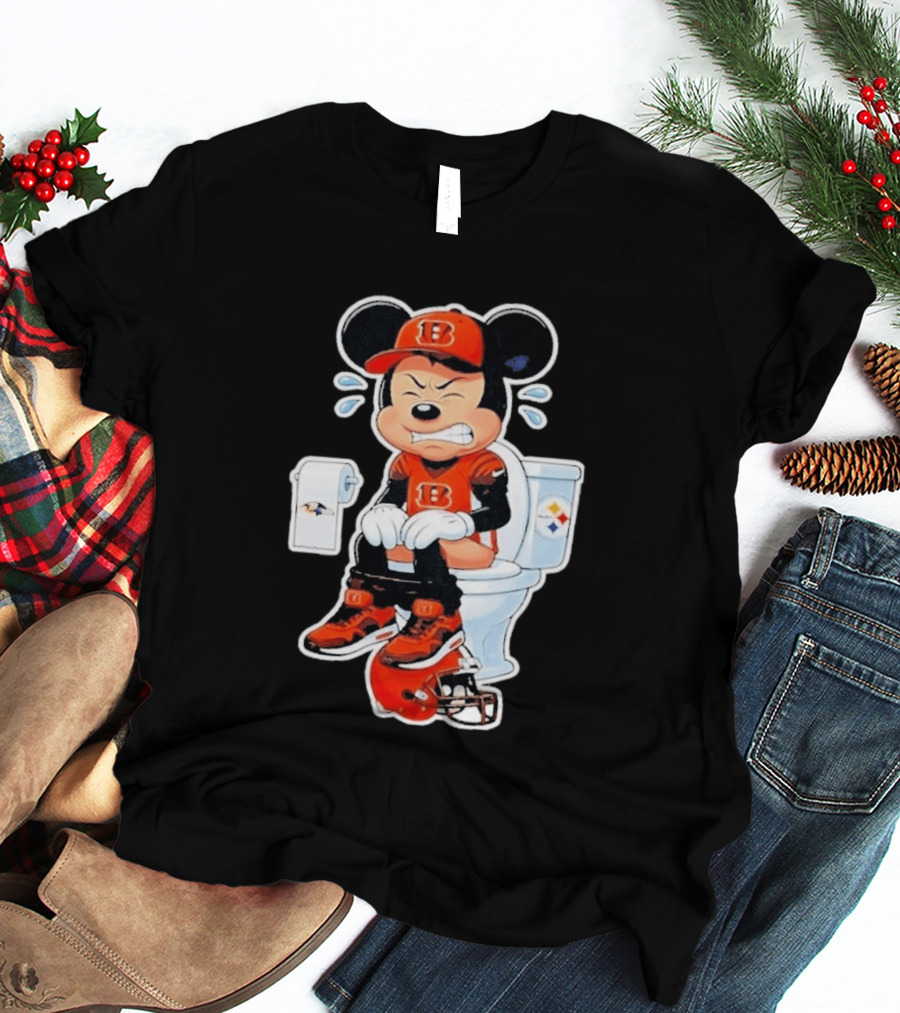 Mickey Cincinnati Bengals Mascot On Toilet Rival Baltimore Ravens Steelers Football Helmet T-Shirt