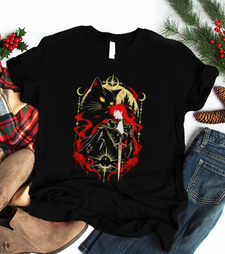 Gothic Red Haired Woman Black Cat Sword Magical T-Shirt