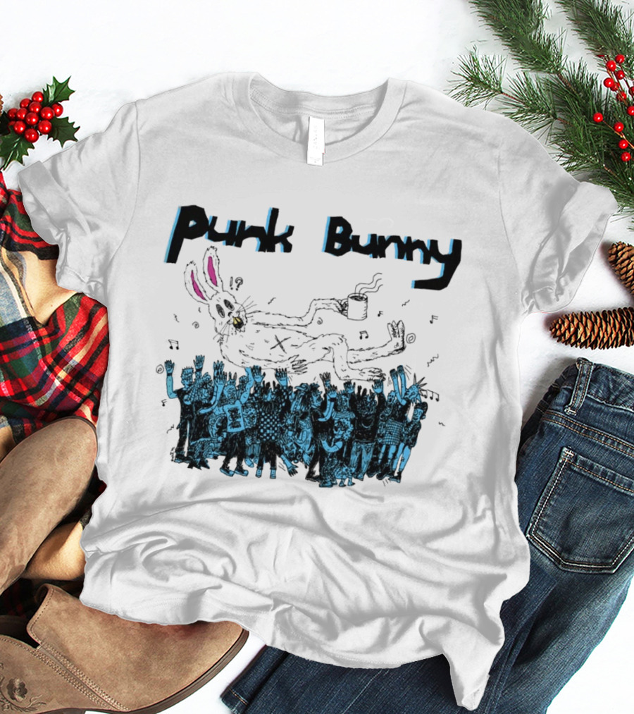 Punk Bunny Coffee Cup Crowd Green Day Style White T-Shirt